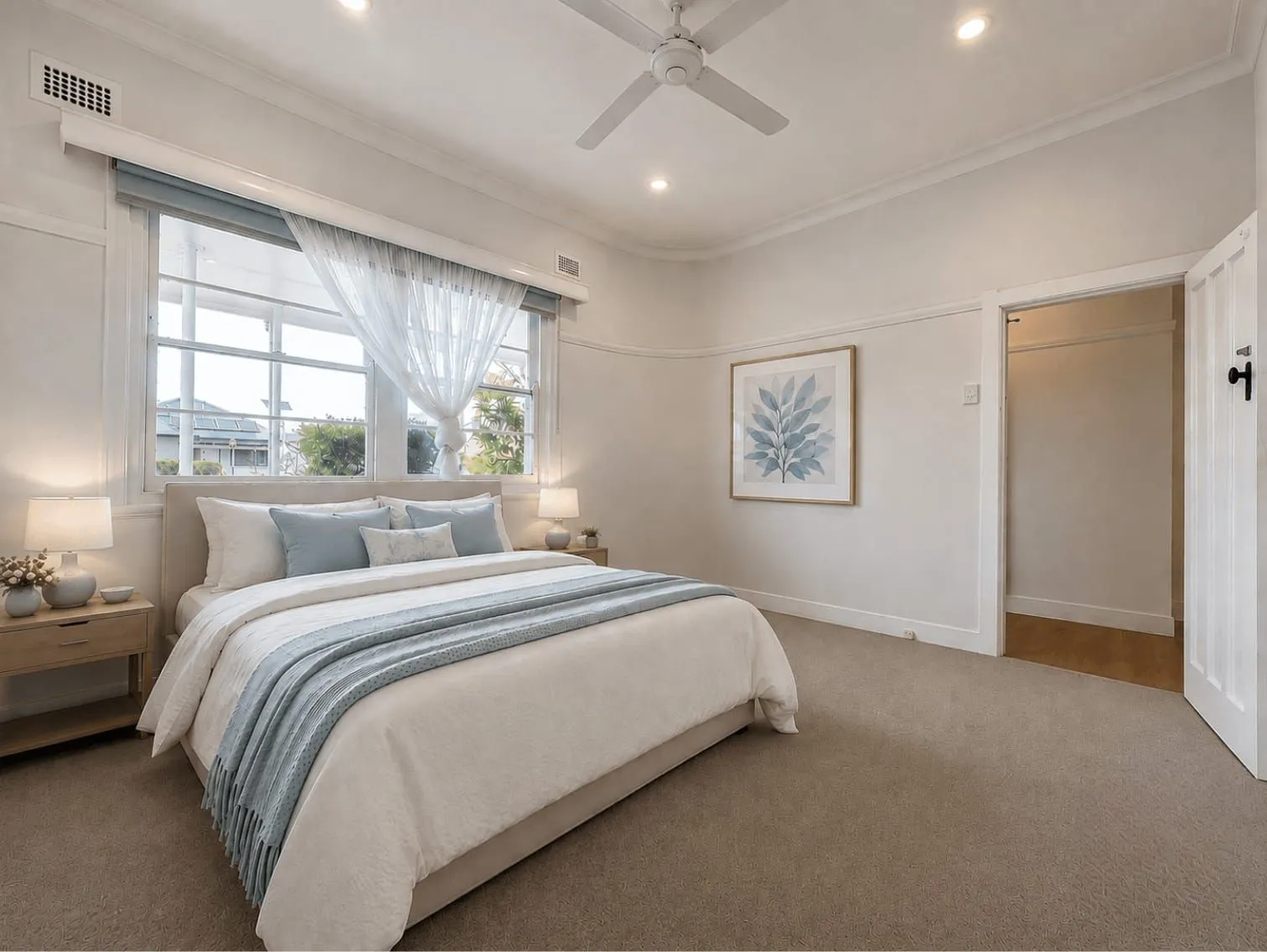 Renovated bedroom with ceiling fan and timber floors, residential renovation by Shafbuild